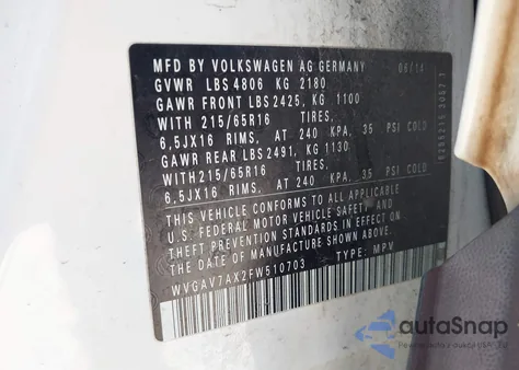 2015 Volkswagen Tiguan S из США, поврежденный, VIN WVGAV7AX2FW510703